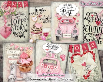 Può includere: Un set di carte digitali stampabili per San Valentino con design di ispirazione vintage con cuori rosa e rossi, fiori e testo. Le carte includono frasi come "Love Story Never Ends", "You Are The Best" e "Every Love Story Is Beautiful".