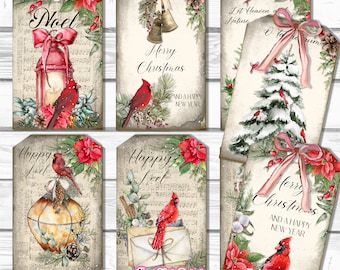 Snow Cardinal Christmas Tags, Set of 8, Vintage, Christmas Trees, Poinsettias, Noel, Woodland, Farmhouse, Rustic, Junk Journal, Card-Making