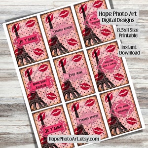 Frases en Francés Etiquetas de San Valentín, Tarjetas, Rosa, Besos en Francés, Torre Eiffel, París, Corazones, diario basura, scrapbooking, Galentines, Mejores Amigos