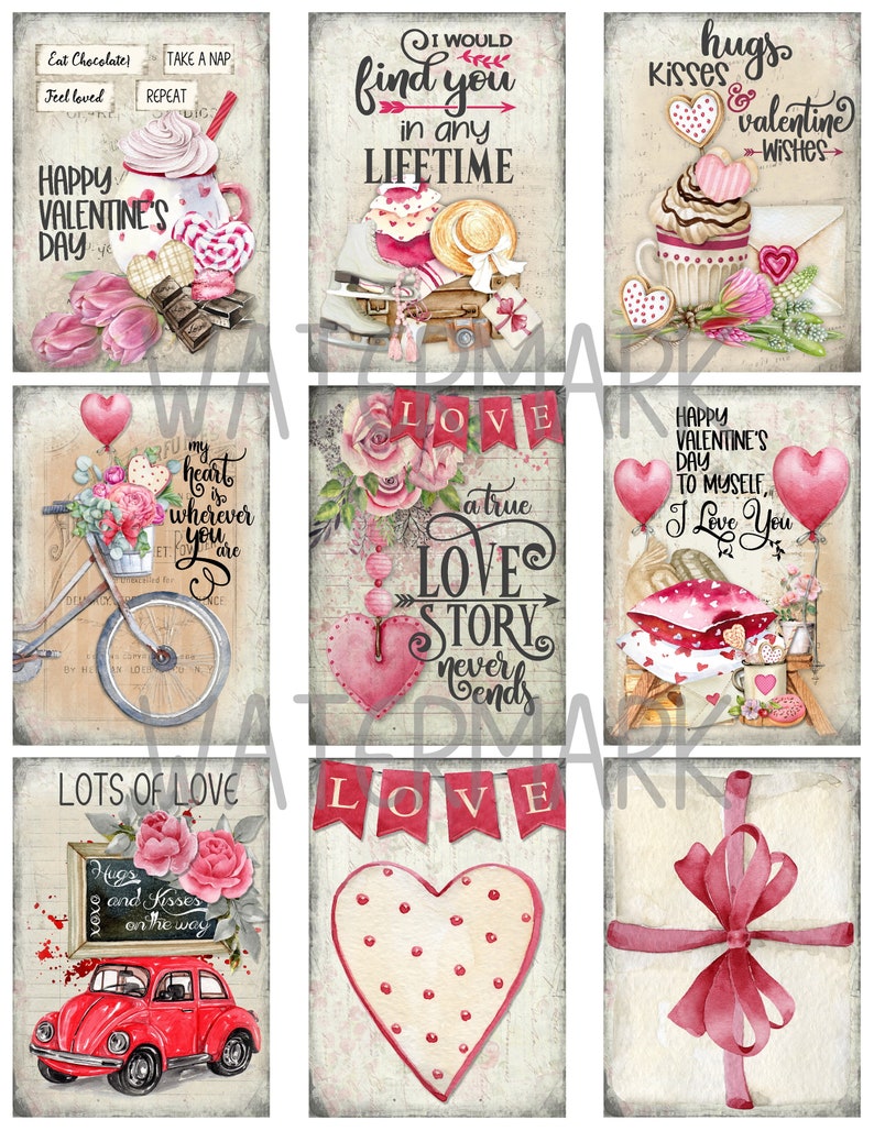 Printable Valentine Tags, Valentine Cards, Junk Journal, Pink, Hearts, Chocolate, Desserts, Shabby, Cottagecore, Galentines, Latte, Cocoa image 5