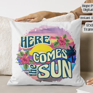 Decoupage de verano, Aquí viene el clipart de sublimación del sol, Atardecer hawaiano, Retro 70s, 80s, Beach Vibes, Boho, Hibiscus, Aloha, Tropical, PNG