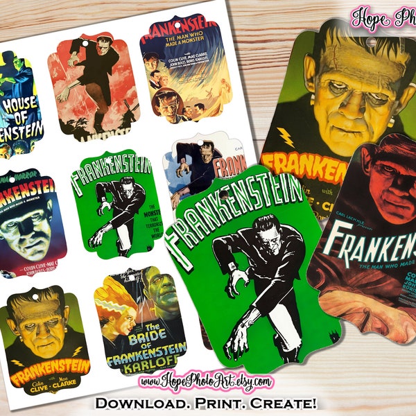 Halloween Tags, Frankenstein, Candy Tags, Classic Horror Movie Monsters, Vintage, Retro, Party Favor, Junk Journal, Scrapbooking, Ephemera
