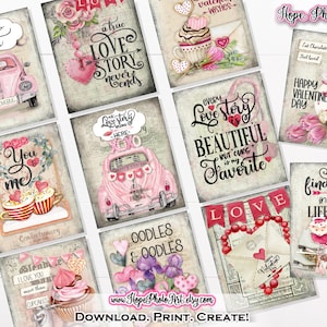 Printable Valentine Tags, Valentine Cards, Junk Journal, Pink, Hearts, Chocolate, Desserts, Shabby, Cottagecore, Galentines, Latte, Cocoa image 1