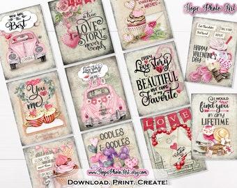 Printable Valentine Tags, Valentine Cards, Junk Journal, Pink, Hearts, Chocolate, Desserts, Shabby, Cottagecore, Galentines, Latte, Cocoa