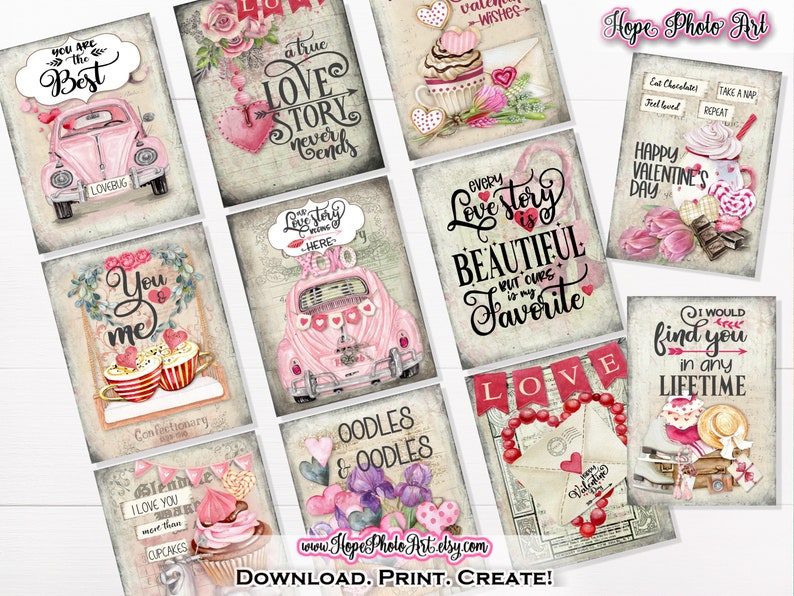 Printable Valentine Tags, Valentine Cards, Junk Journal, Pink, Hearts, Chocolate, Desserts, Shabby, Cottagecore, Galentines, Latte, Cocoa image 1