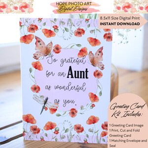 May include: Printable greeting card with a watercolor design of red poppies, butterflies, and dragonflies. The card says "So grateful for an Aunt as wonderful as you."