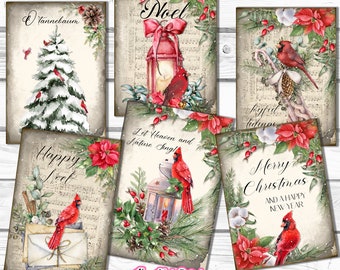 Snow Cardinal Christmas Cards, Set of 8, Vintage, Christmas Trees, Poinsettias, Noel, Woodland, Farmhouse, Rustic, Junk Journal, Card-Making