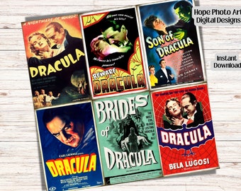 Vintage Dracula Halloween Cards, Retro Horror Movie Posters (Digital Files)
