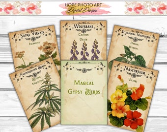 Cartes de jardin de fines herbes, étiquettes, marqueurs, journal indésirable, tsigane, apothicaire, décoration de chalet, sorcière verte, cadeau pour amateur de plantes, déco sorcière, imprimable