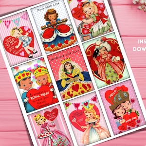 Printable Valentines for Kids, Queen of Hearts, Retro 1950s, Digital Collage, junk journal, tags, scrapbooking, vintage children, ephemera