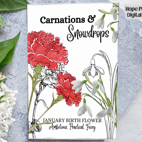 January Birth Flower, 5x7 Card Kit, Birthday Flower Card, Wildflowers, Carnation, Snowdrops, Gift Tag, Envelope, Flower Clipart, Printable