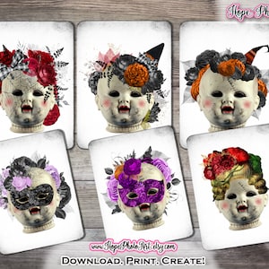 Caras de muñecas embrujadas, Halloween gótico, diario basura, muñecas de bebé vintage, cabeza de muñeca espeluznante, muñeca aterradora, álbum de recortes, floral, blanco y negro