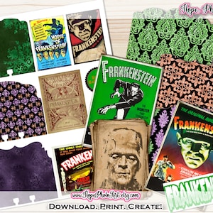 Frankenstein Halloween Memory Dex Card Kit, Vintage Ephemera, Classic Horror, Rolodex, Index Cards, Junk Journal, Scrapbooking, Afdrukbaar