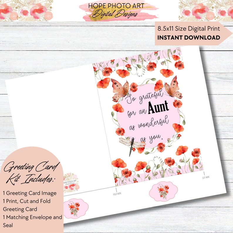 May include: Printable greeting card with a pink background and red poppy flowers. The card features a dragonfly and butterflies with the text "So grateful for an Aunt as wonderful as you."
