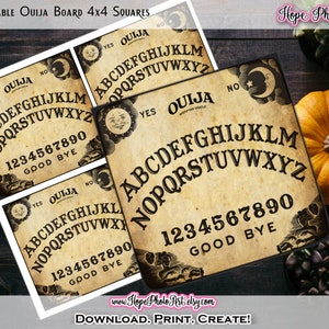 Carte tavola Ouija, Halloween vintage, quadrati 4x4 pollici, sottobicchieri, arredamento strega, cartomanzia, strega zingara, tarocchi, etichette regalo, decoupage