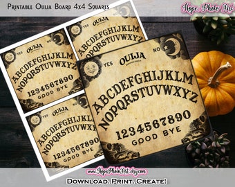 May include: Printable Ouija board with a vintage design. The board is divided into four squares, each with a different section of the alphabet, numbers, and the words "yes", "no", and "good bye".