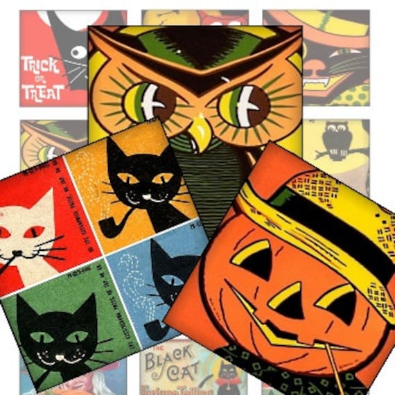 Printable Retro Halloween Owls Pumpkins Black Cats 2x2 Digital Collage Sheet decoupage mini cards jewelry magnets glass resin scrapbooking