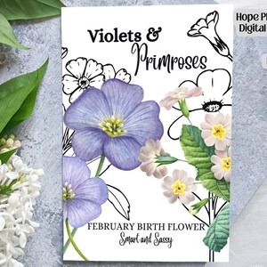 Flor de nascimento de fevereiro, cartão 5x7, cartão de flor de aniversário, flores silvestres, violeta roxa, prímula, etiqueta de presente, envelope, clipart de flor, para impressão