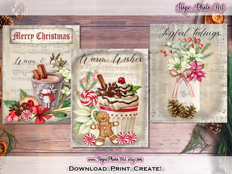 Printable Christmas Cards, Vintage Candy Cane, Gingerbread Cookies, Peppermint, Cardinal, Tags, Envelopes, Junk Journal, Fussy Cut Clipart image 4