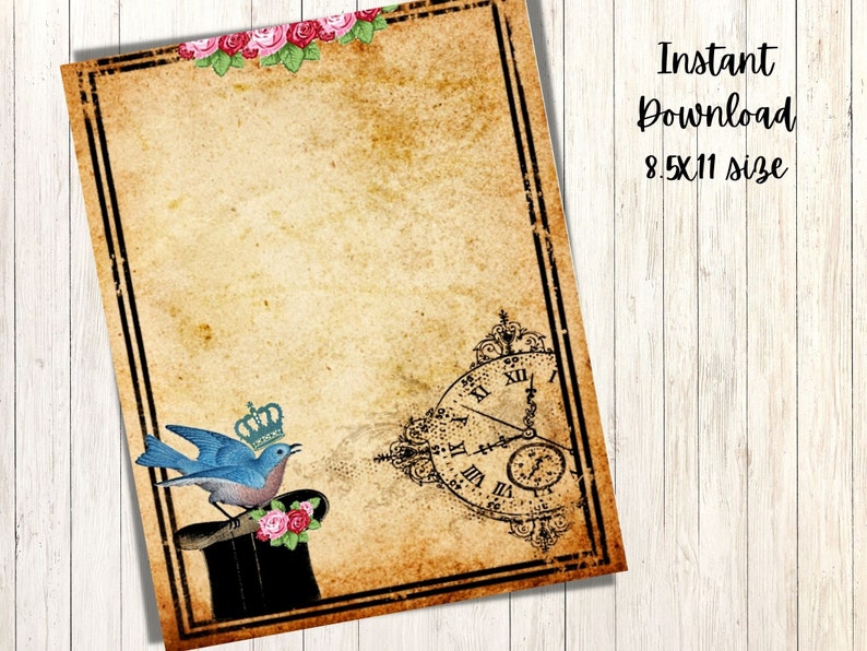 Printable Bluebird Top Hat, Signature Page, Junk Journal, Vintage Steampunk, Digital Paper, scrapbooking, travel journal, stationary image 1