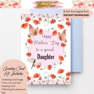 Tarjeta feliz del día de las madres para hija, flores de amapola, flores silvestres de acuarela, tarjeta de mamá, tarjeta de papá, primer día de las madres, imprimible
