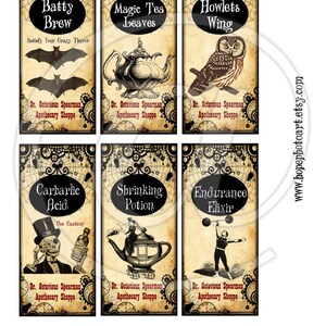 Halloween Apothecary Labels, Steampunk, Tags, Vintage Victorian, Raven, Spells, Potions, Charms, Scrapbooking, Bookmarks, Wizard, Magic image 5