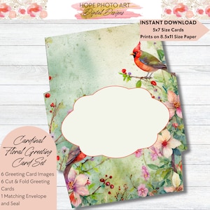 May include: A set of 6 printable greeting cards featuring a watercolor illustration of a cardinal perched on a branch with flowers and berries. The cards are 5x7 inches and print on 8.5x11 inch paper. The set also includes a matching envelope and seal.