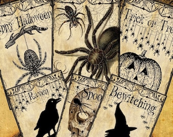 Printable Arachnophobia Halloween Cards Collage Sheet, spider, witch, raven, junk journal, tags, scrapbooking, Witch Decor, banner, vintage
