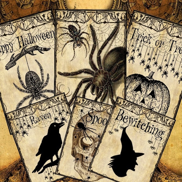 Arachnophobia Halloween Cards, Junk Journal, Gothic, spider, witch, raven, tags, scrapbooking, Witch Decor, banner, vintage, Printable
