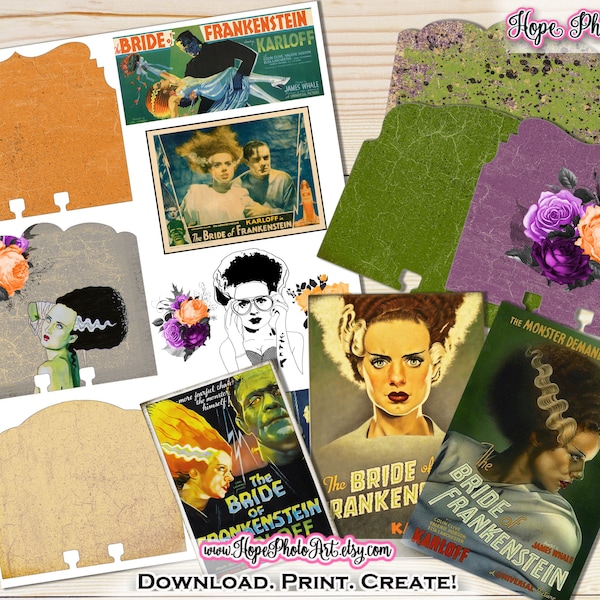 Bride Frankenstein Halloween Memory Dex Cards, Vintage Ephemera, Classic Horror, Rolodex, Index Cards, Junk Journal, Scrapbooking, Printable