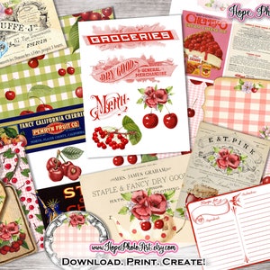 Efímera de cereza, diario basura, imágenes prediseñadas de cereza, tarjetas de recetas, jardín imprimible, etiquetas de cereza, etiquetas de despensa de cerezas, botánicos de frutas vintage