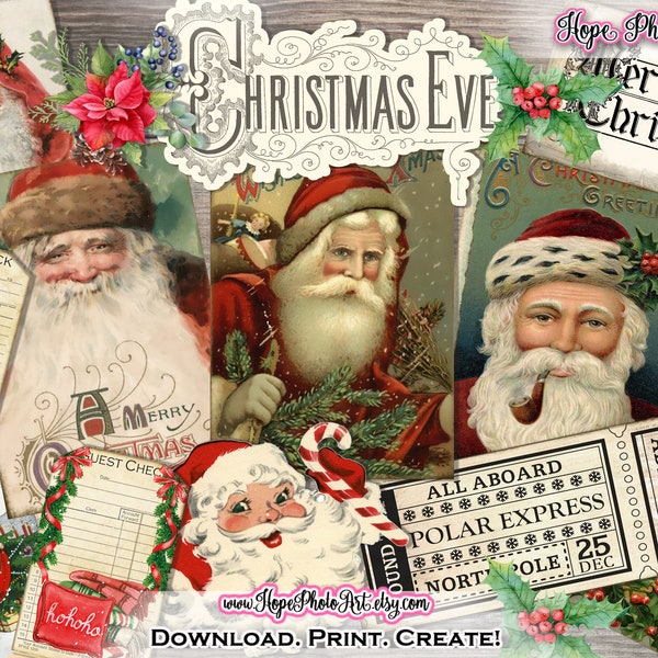 Christmas Junk Journal, Ephemera Pack, Old World, Victorian Santa, Christmas Tags, Vintage, Faux Stamps, Scrapbooking, Tags, Cards, Tickets