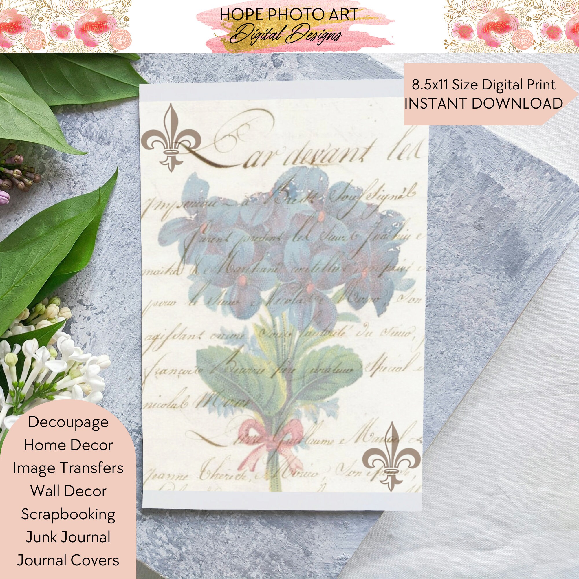 Script Flower Hydrangea Chair French Script Hydrangea Decoupage Print, Floral Decoupage, Rice Paper ...