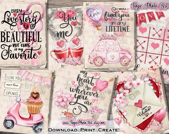 Valentines Day Cards, Pink, Set of 10, Love, Cupcakes, Volkswagen, Chocolate, Desserts, Hearts, Shabby, Junk Journal, Tags, Best Friends