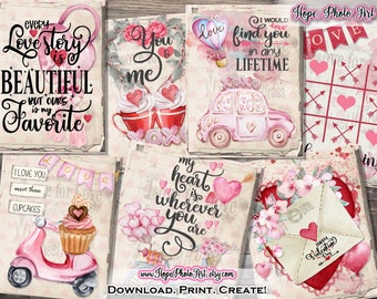 Può includere: Un set di biglietti di San Valentino stampabili con illustrazioni ad acquerello di cuori, cupcake, uno scooter, una mongolfiera e un'auto. I biglietti includono testi come "Ogni storia d'amore è bella, ma la nostra è la mia preferita", "Tu & io", "Ti troverei in qualsiasi vita", "Il mio cuore è ovunque tu sia", e "Amore per amore".