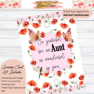 May include: A printable greeting card with a pink background and red poppy flowers. The card says "So grateful for an Aunt as wonderful as you."