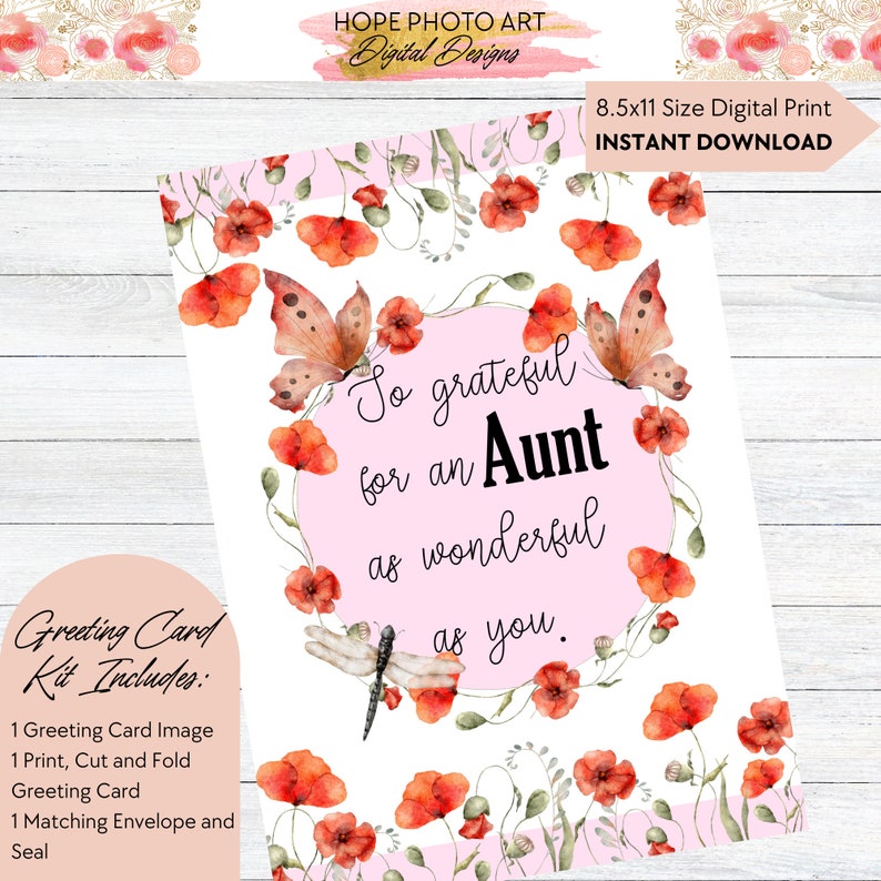 May include: A printable greeting card with a pink background and red poppy flowers. The card says "So grateful for an Aunt as wonderful as you."