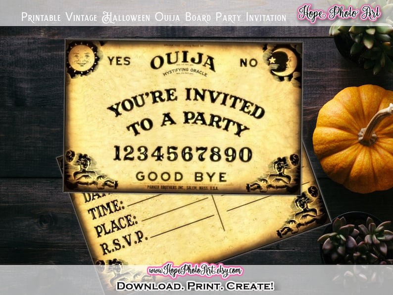 Printable Vintage Halloween Ouija Board Party Invitation, w/ Matching Thank You Postcard, DIY, Fill in the Blank, Party Supplies image 1