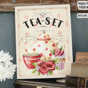Könnte beinhalten: Ein gerahmter Druck mit einer Aquarellillustration eines Teeservices. Das Bild zeigt eine Teekanne, eine Tasse, einen Cupcake und Blumen. Der Hintergrund ist cremefarben mit rosa Punkten. Der Text oben lautet "TEA-SET". Der Druck ist mit "Hope Photo Art Digital Designs" und "Instant Download" beschriftet.