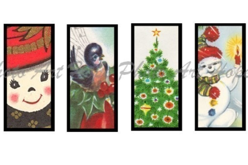 Printable Christmas Tags, 1x2 Domino, Retro Vintage Snowman, Snow Birds, Christmas Trees, Digital Collage, pendants, jewelry, scrapbooking image 4