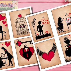 Tarjetas de San Valentín para niños, Siluetas, Etiquetas de San Valentín, Scrapbooking, Junk Journal, hadas, niños, corazones, parejas, efímeras vintage, pájaros