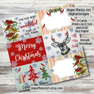 Étiquettes de Noël boisées, cartes, oiseaux cardinaux, flocons de neige, rennes, ferme, arctique polaire, pôle Nord, journal indésirable, scrapbooking,
