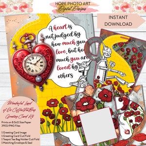 Puede incluir: Un kit de tarjetas de felicitación imprimibles con un corazón rojo con una esfera de reloj, un camino de ladrillos amarillos y un Hombre de Hojalata del Mago de Oz. La tarjeta incluye la cita "Un corazón no se juzga por cuánto amas, sino por cuánto eres amado".