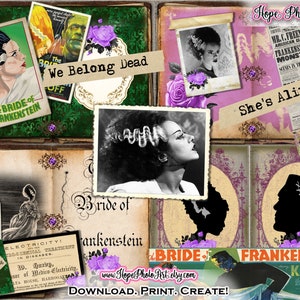Bruid van Frankenstein, Halloween, Junk Journal, Scrapbooking, Vintage Ephemera, Klassieke horrorfilmmonsters, Tags, zakhouders