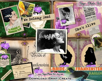 Bride of Frankenstein, Halloween, Junk Journal, Scrapbooking, Vintage Ephemera, Classic Horror Movie Monsters, Tags, pocket holders