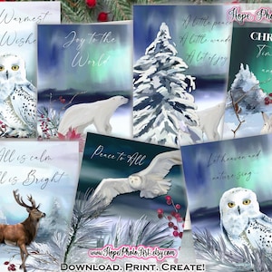 Cartes de Noël à imprimer, scandinave, ours polaire, forêt, solstice d'hiver, Noël, aurore boréale, harfang des neiges, renne, lapin, feuilles persistantes