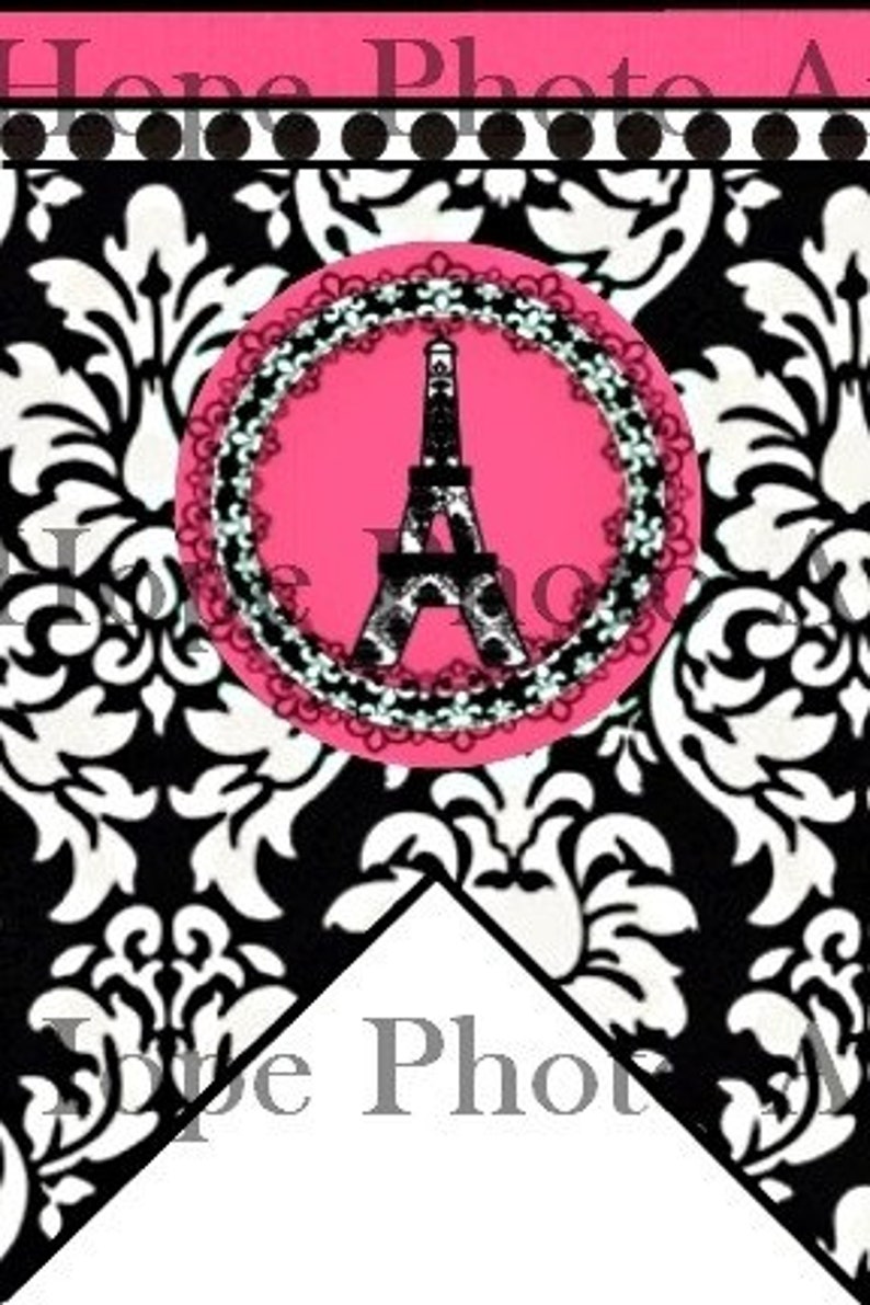 Printable Bonjour Paris French Damask Eiffel Tower 3x4.5 Digital Collage Sheet bunting pennant flag party banner garland scrapbooking image 3