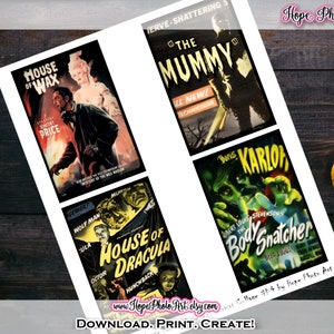 Retro Vintage Halloween Horror Movie Monsters Tags, Cartões, Junk Journal, Filmes de terror, Scrapbooking, Drácula, Vincent Price, Karloff, Mummy
