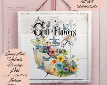 Floral Birds Butterflies Umbrella Image Transfer, Shabby Chic Decor (Digital Print)