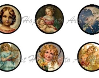 Christmas Vintage Angels 1 Inch Circle Digital Collage Sheet - bottlecaps pendant ring clear glass domes round bubbles - U print sh112